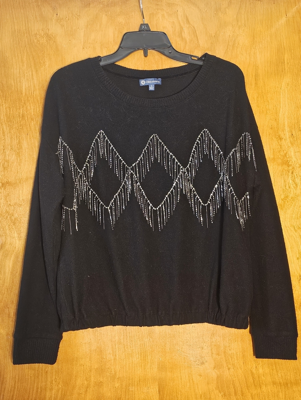 Democracy Embellished Fringe Sweater Women’s Large Black Beaded Detail